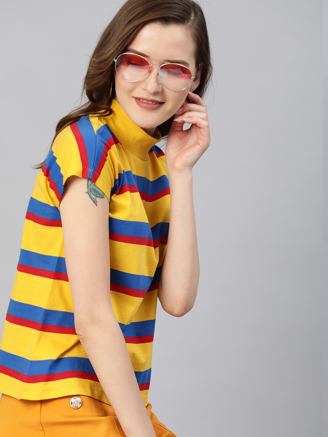 

HERENOW Women Mustard Yellow Blue Striped Turtle Neck Pure Cotton T-shirt