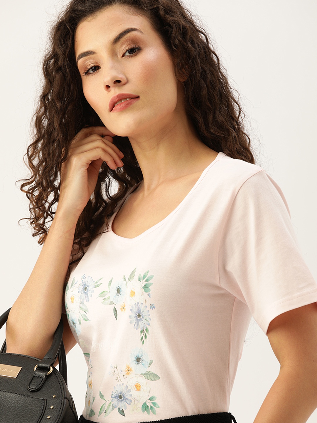 

Moda Rapido Women Pink Printed Round Neck Pure Cotton T-shirt