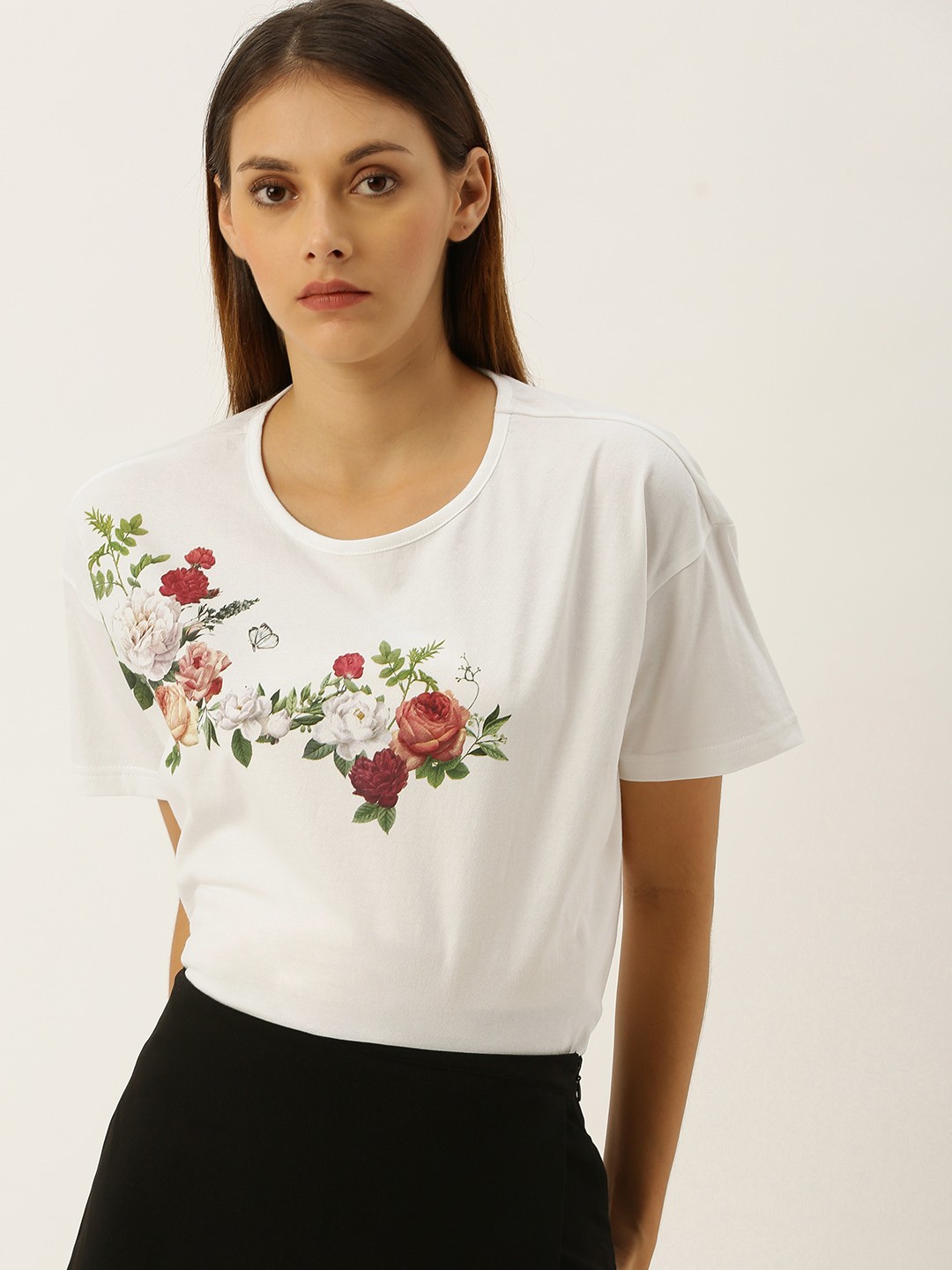 

Moda Rapido Women White Floral Printed Round Neck Boxy Pure Cotton T-shirt