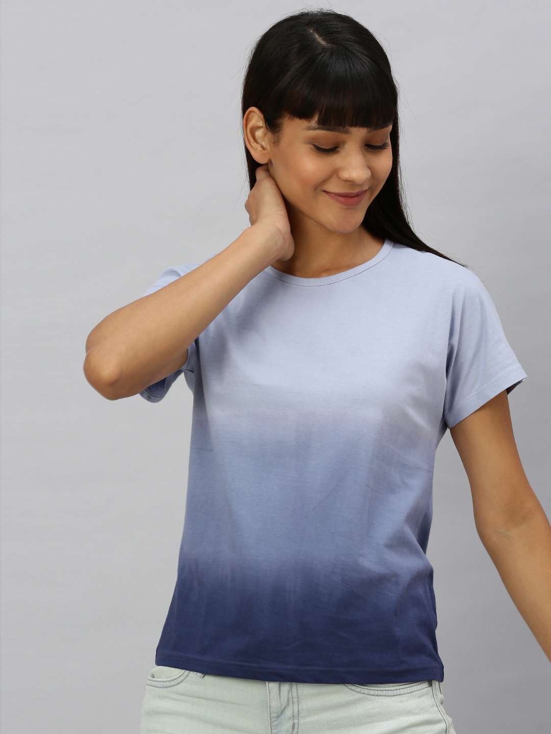 

HERENOW Women Blue Dyed Round Neck Pure Cotton T-shirt