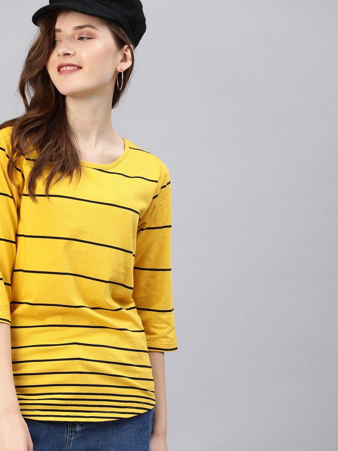 

HERE&NOW Women Yellow & Black Striped Round Neck T-shirt