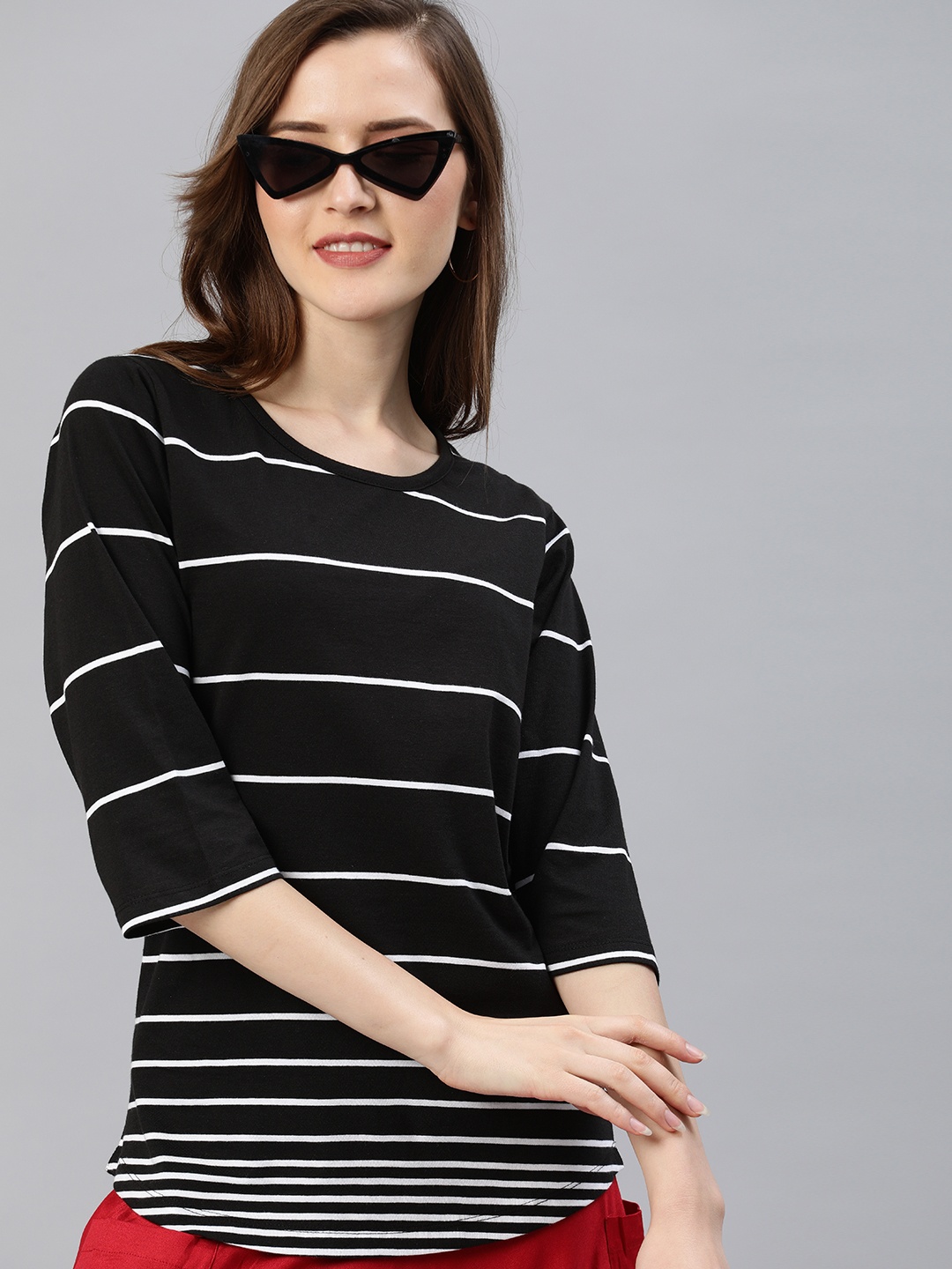 

HERE&NOW Women Black & White Striped Round Neck T-shirt