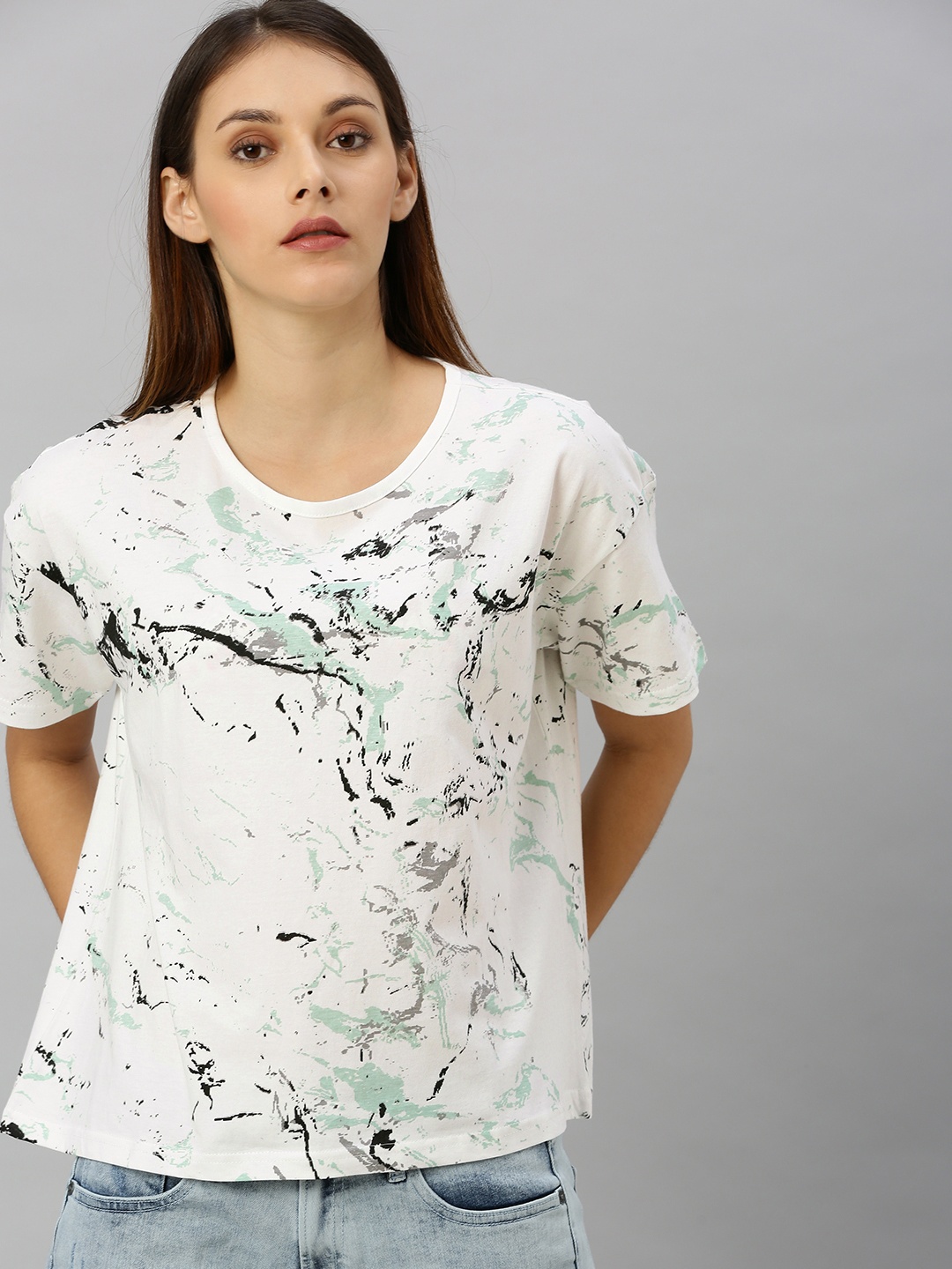 

HERENOW Women White Green Printed Round Neck Boxy Pure Cotton T-shirt