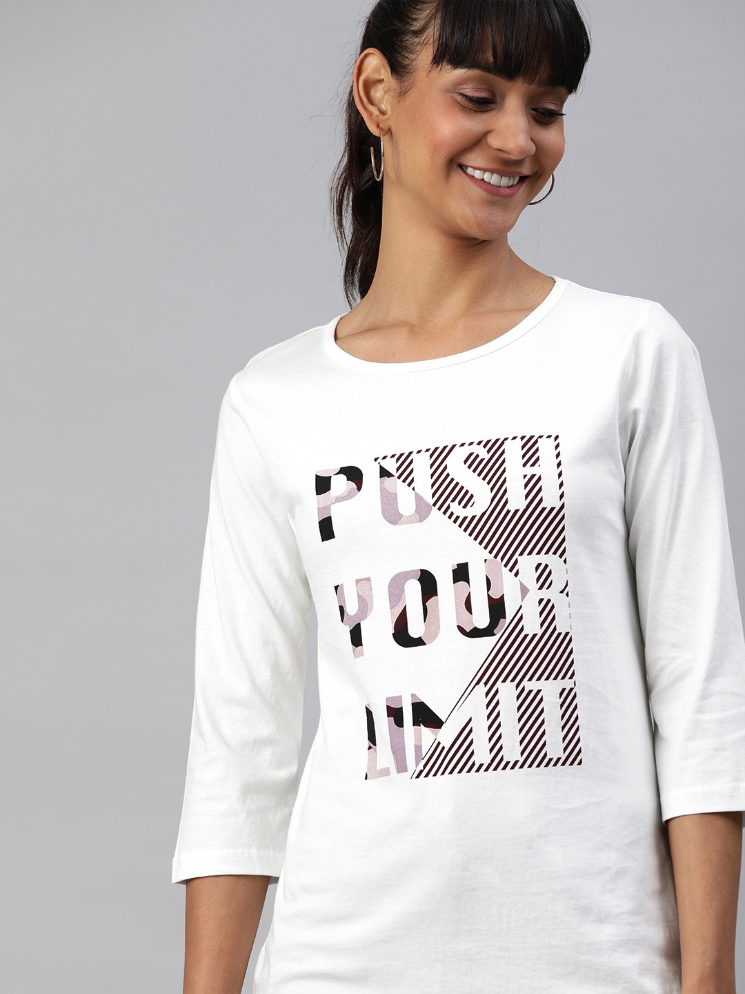 

HERENOW Women White Printed Round Neck Pure Cotton T-shirt