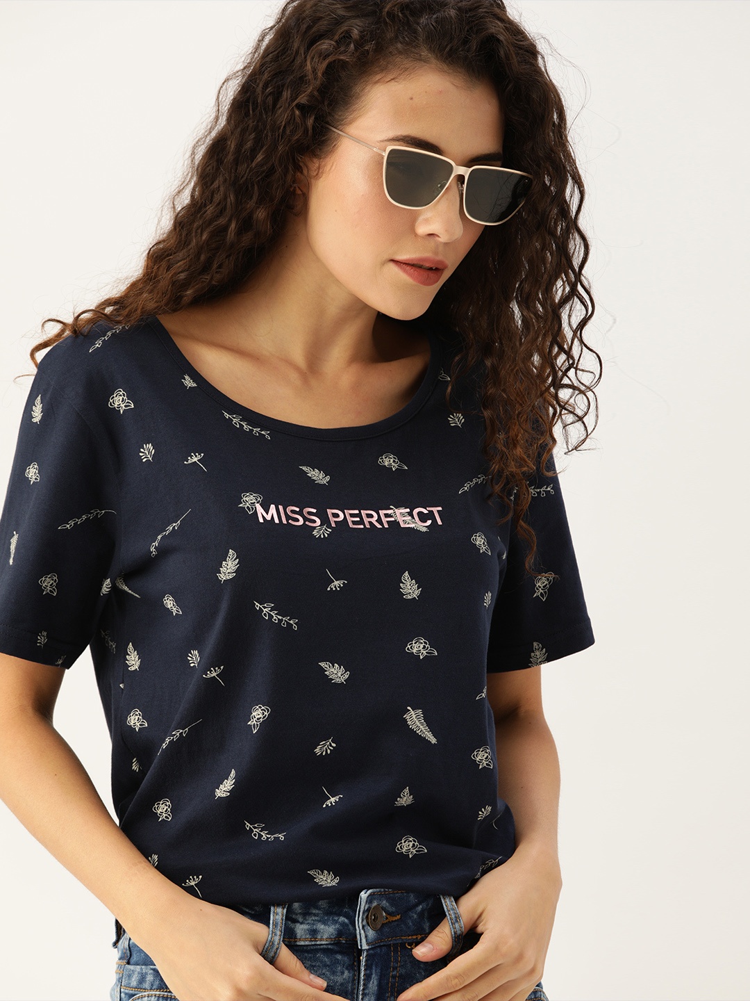 

Moda Rapido Women Navy Blue White Printed Round Neck Pure Cotton T-shirt