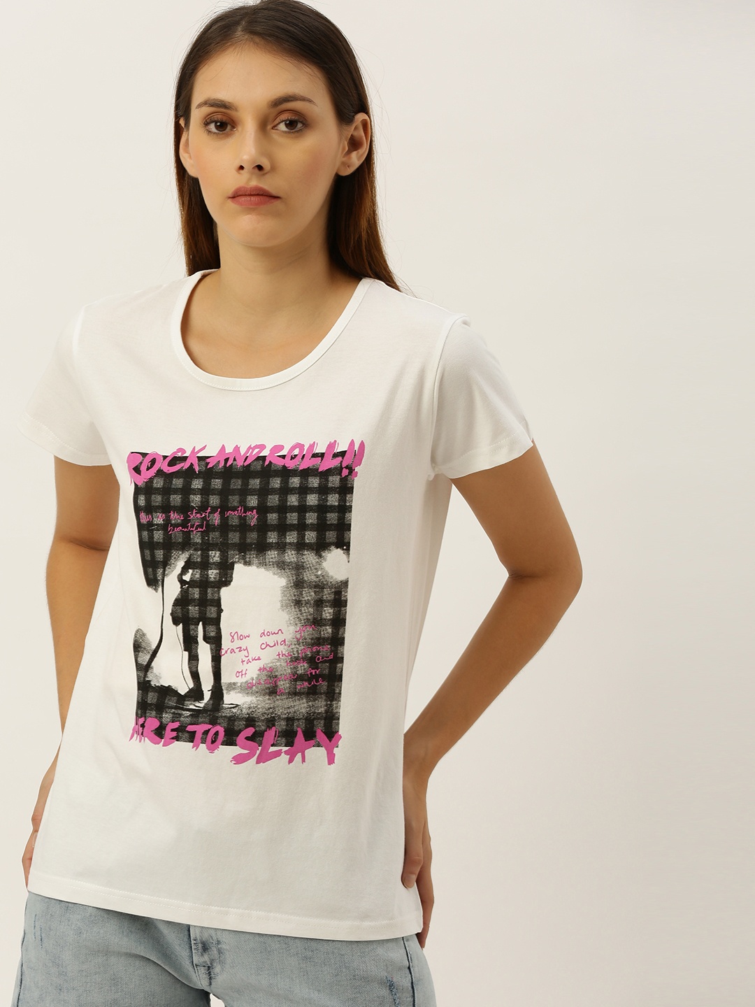 

Moda Rapido Women White Printed Round Neck Pure Cotton T-shirt