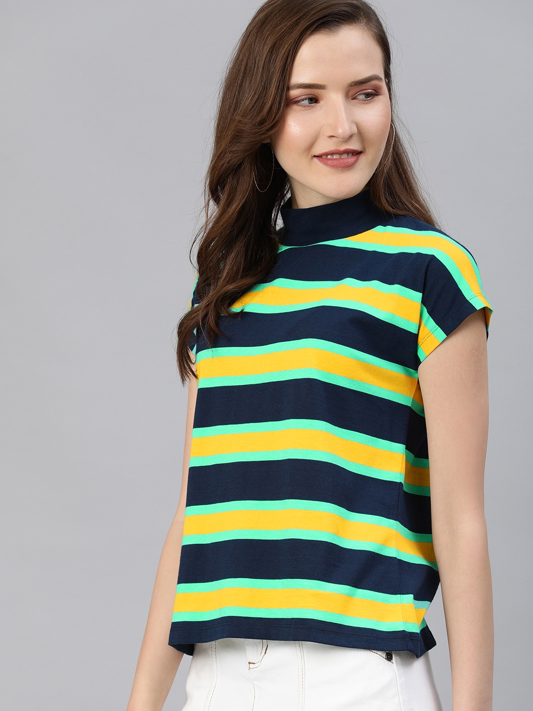 

HERENOW Women Navy Blue Mustard Yellow Striped High Neck Pure Cotton T-shirt