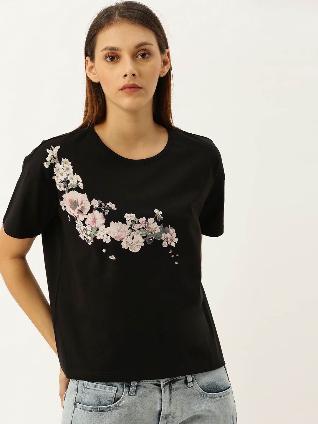 

Moda Rapido Women Black Printed Round Neck Pure Cotton T-shirt