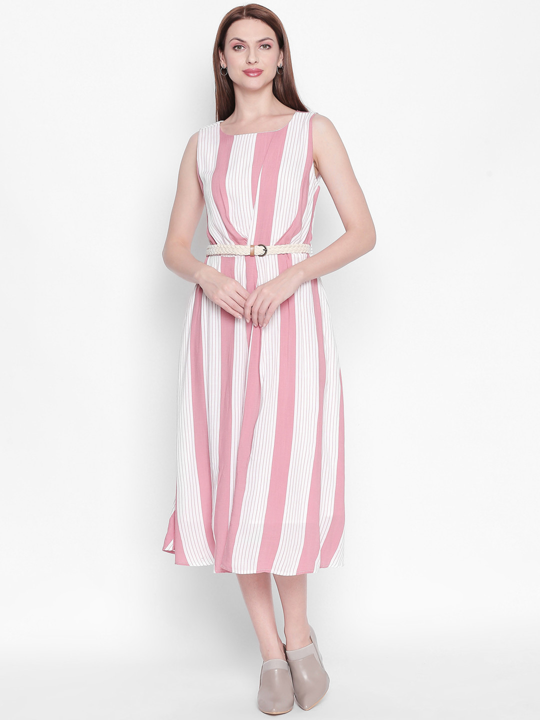 

Honey by Pantaloons Women Pink & White Striped Fit and Flare Dress