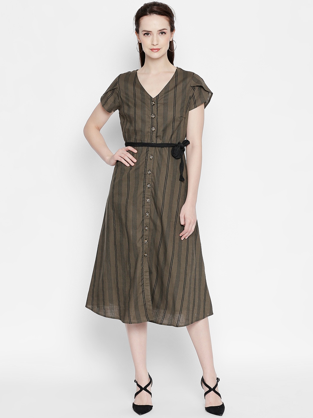

Honey by Pantaloons Women Green Striped Fit and Flare Dress