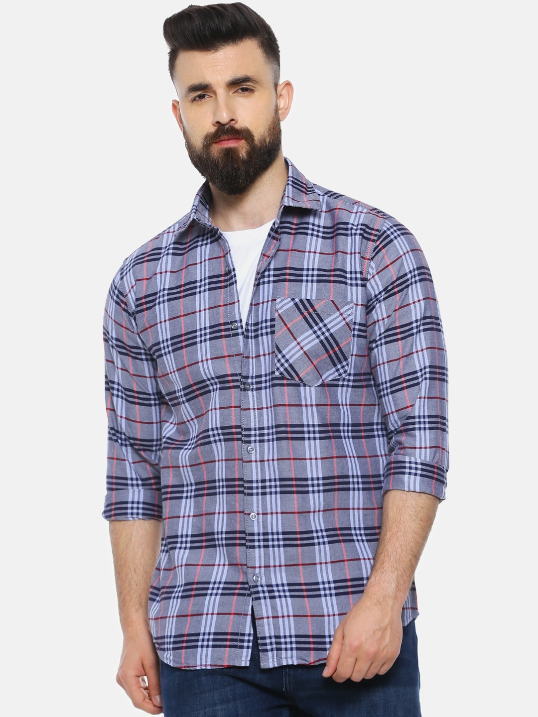 

Campus Sutra Men Grey & Red Regular Fit Checked Casual Shirt