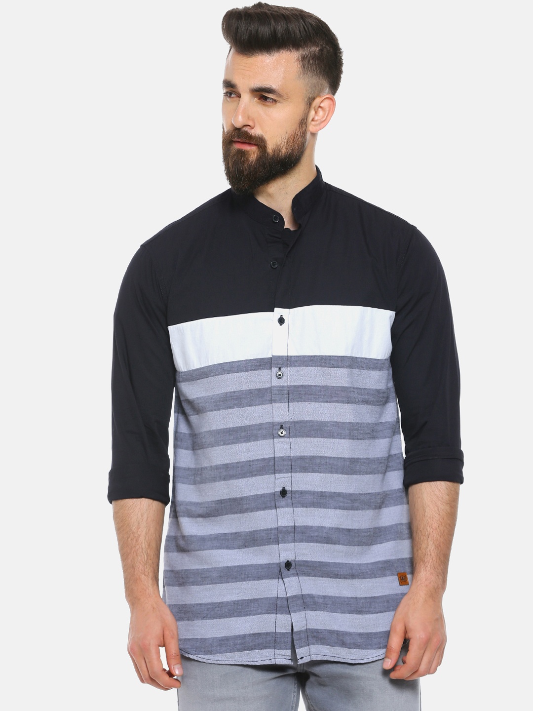 

Campus Sutra Men Black & Grey Regular Fit Striped Casual Shirt