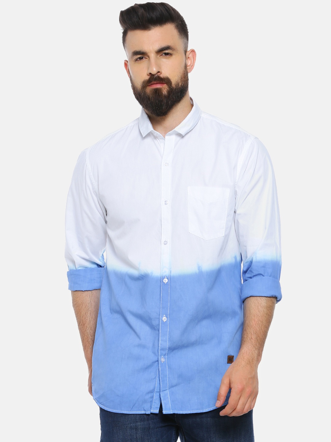 

Campus Sutra Men White & Blue Regular Fit Colourblocked Casual Shirt