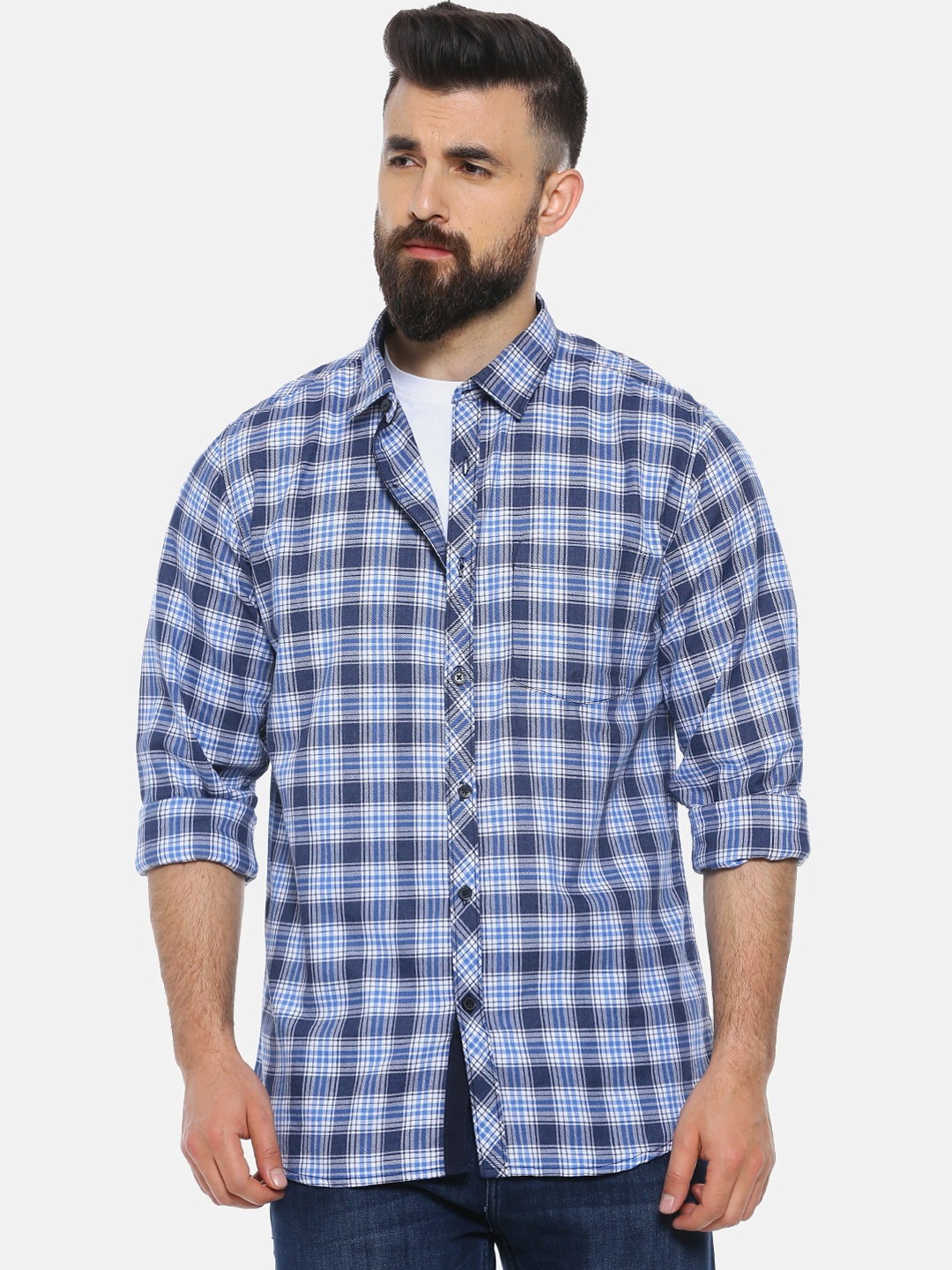 

Campus Sutra Men Blue & White Regular Fit Checked Casual Shirt