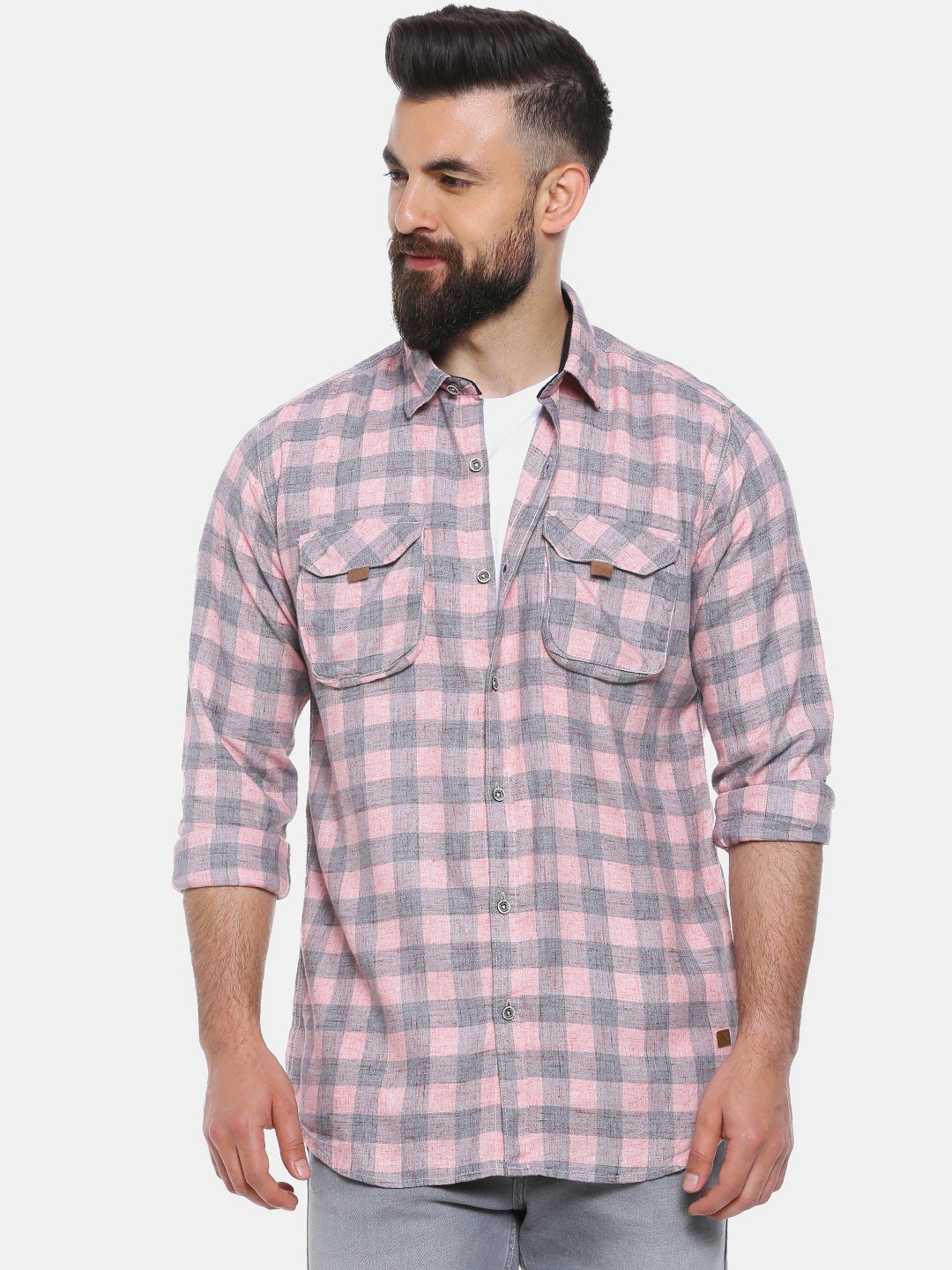 

Campus Sutra Men Pink & Grey Regular Fit Checked Casual Shirt