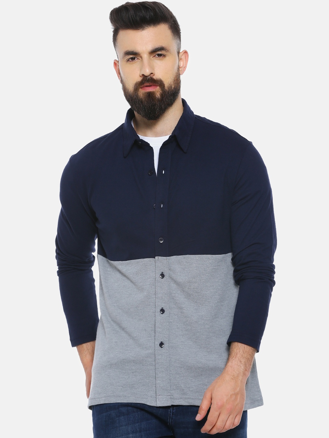 

Campus Sutra Men Navy Blue & Grey Regular Fit Colourblocked Casual Shirt