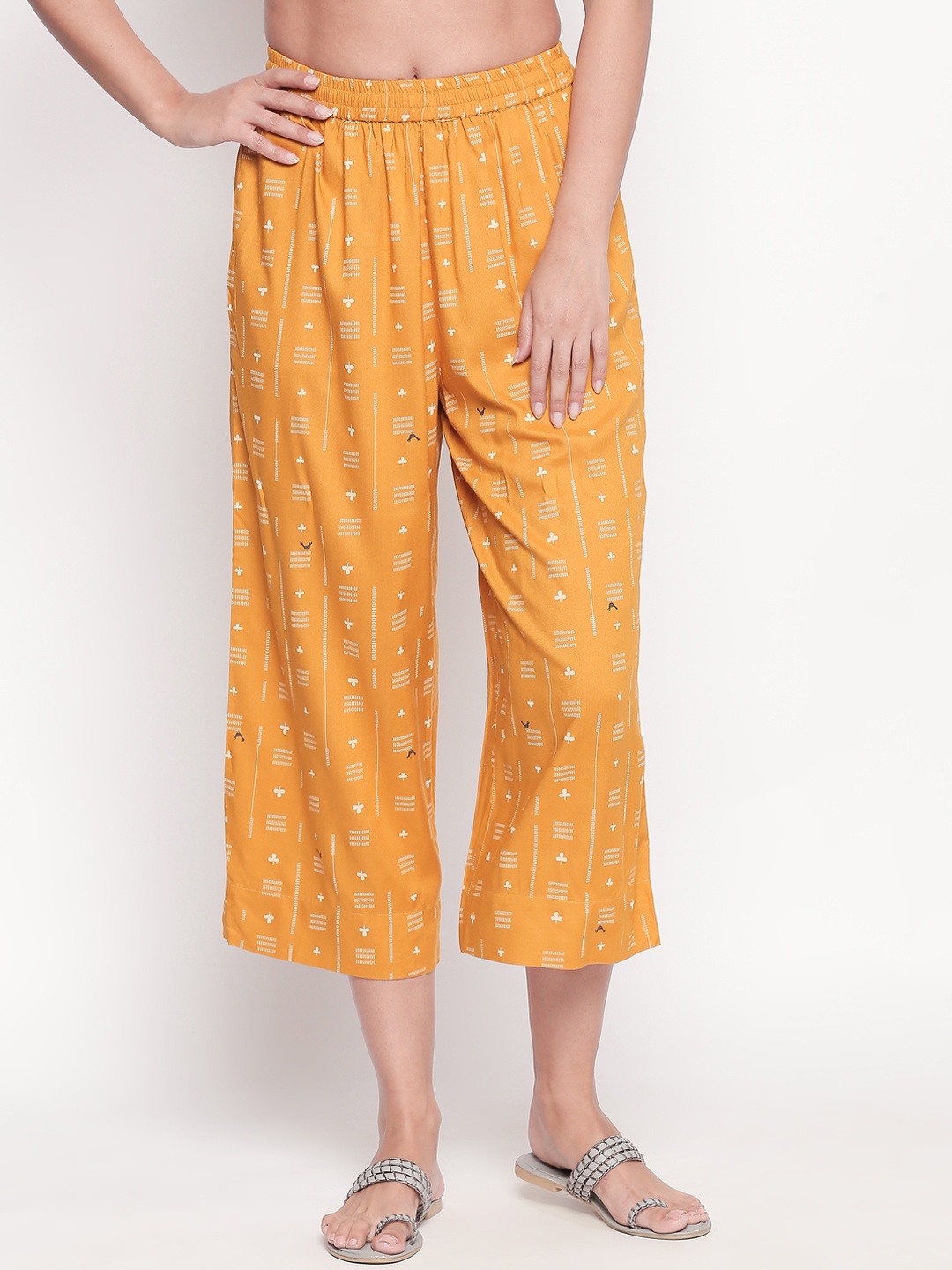 

RANGMANCH BY PANTALOONS Women Mustard Yellow Printed Flared Palazzos