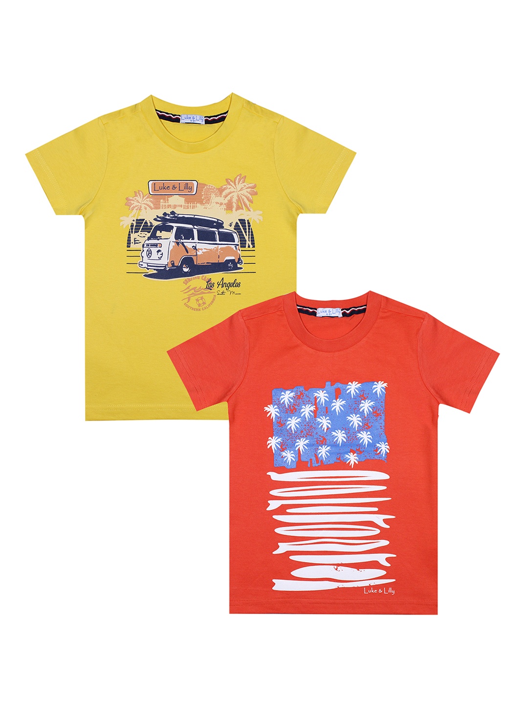 

Luke Lilly Pack of 2 Boys Yellow Printed Round Neck Pure Cotton T-shirt