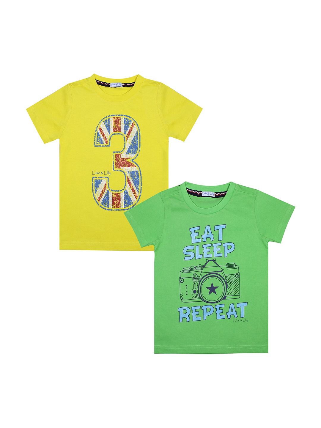 

Luke Lilly Pack of 2 Boys Green Printed Round Neck Pure Cotton T-shirt