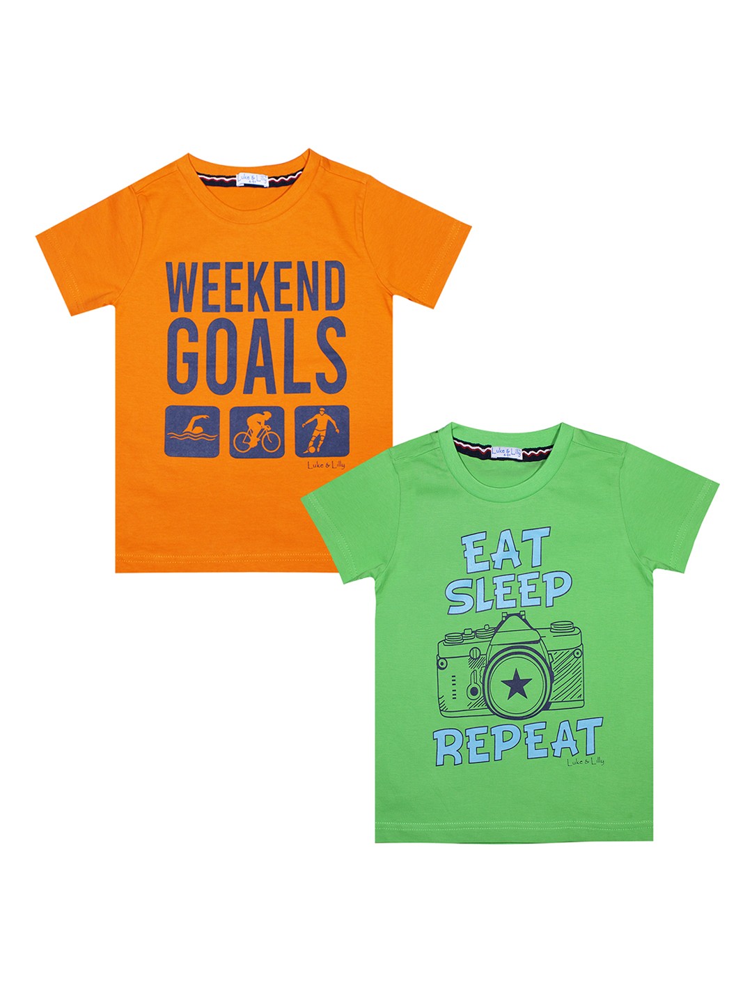 

Luke Lilly Pack of 2 Boys Green Printed Round Neck Pure Cotton T-shirt