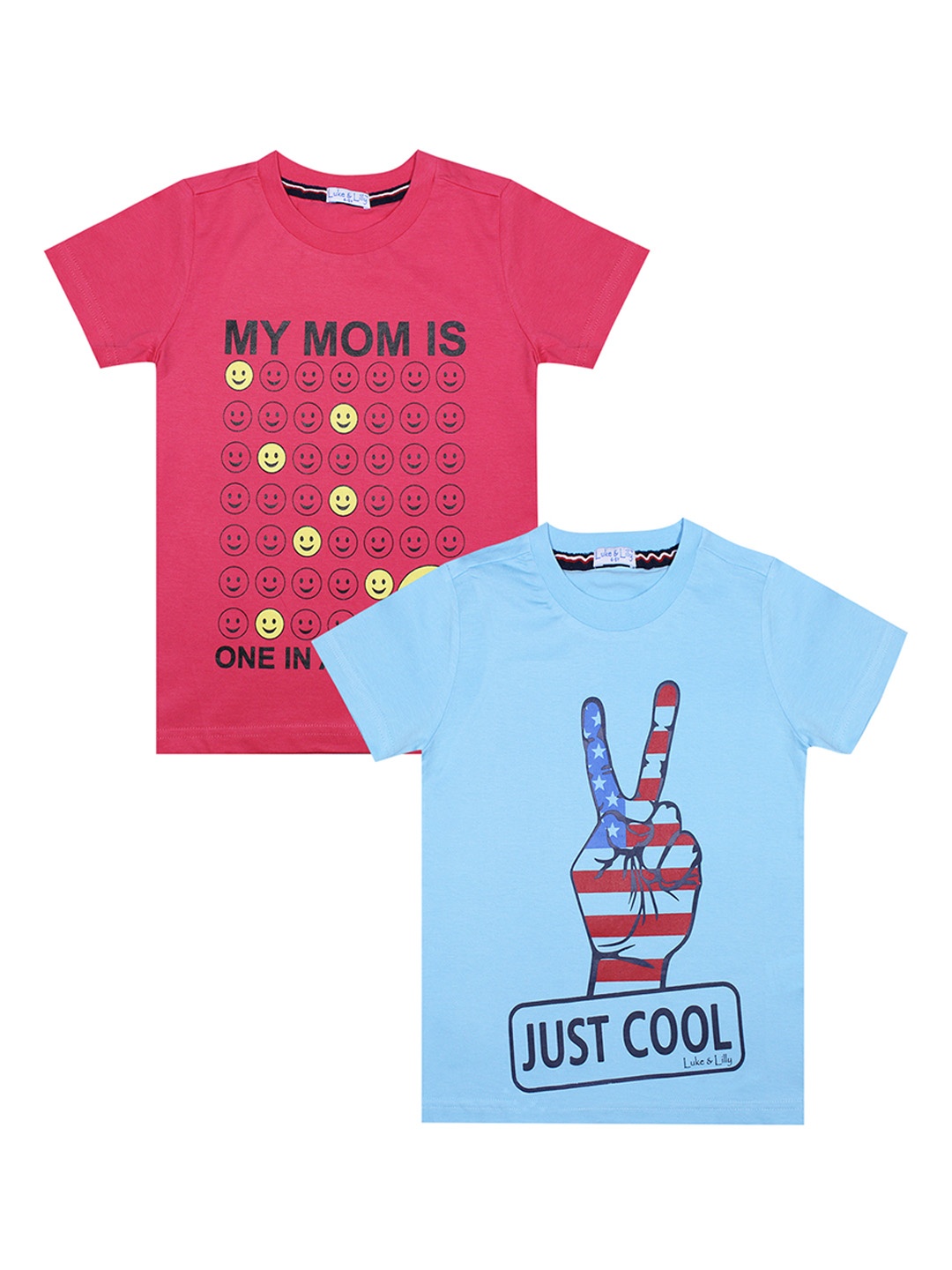 

Luke Lilly Pack of 2 Boys Blue Printed Round Neck Pure Cotton T-shirt