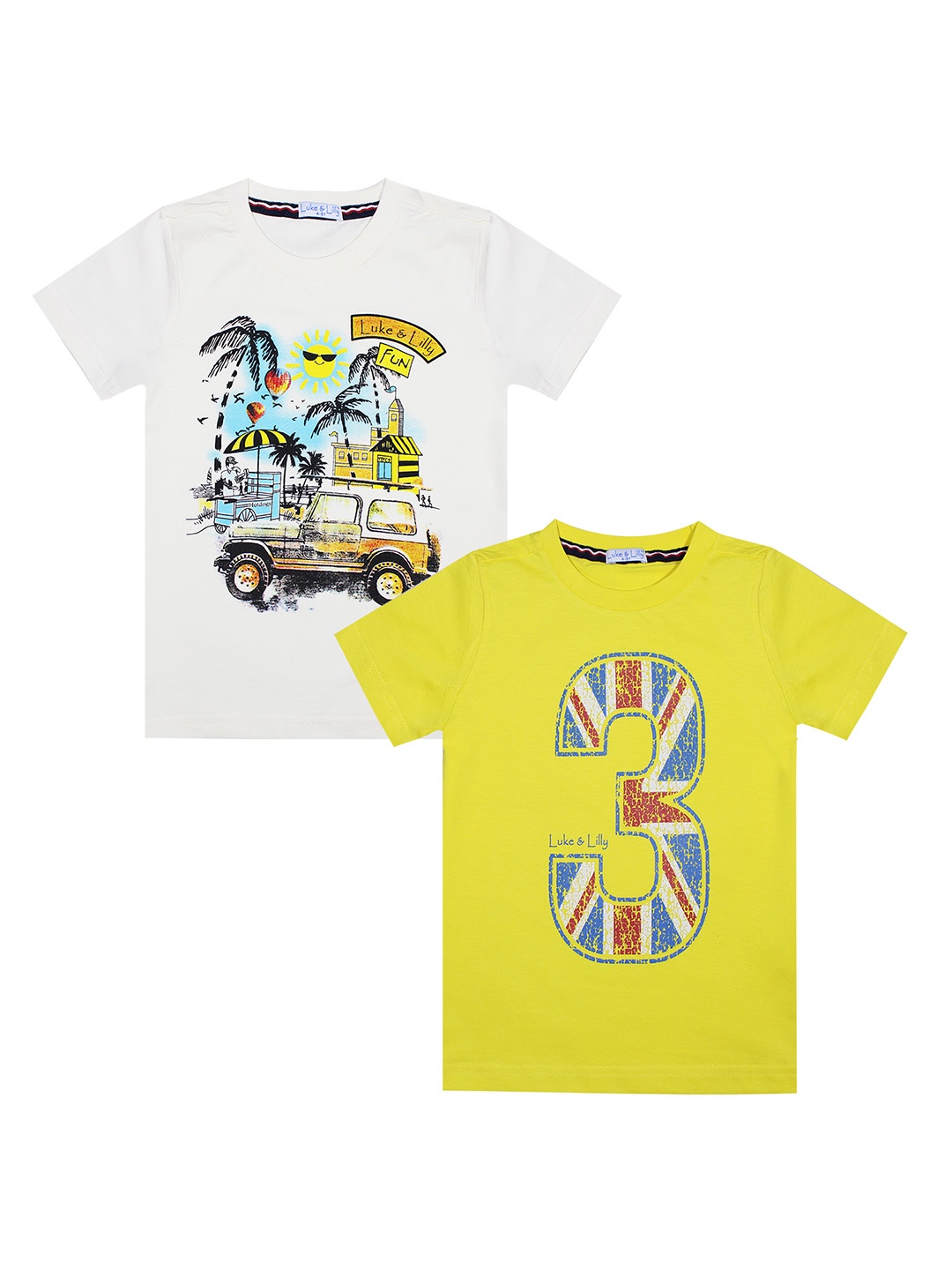 

Luke Lilly Pack of 2 Boys Yellow Printed Round Neck Pure Cotton T-shirt