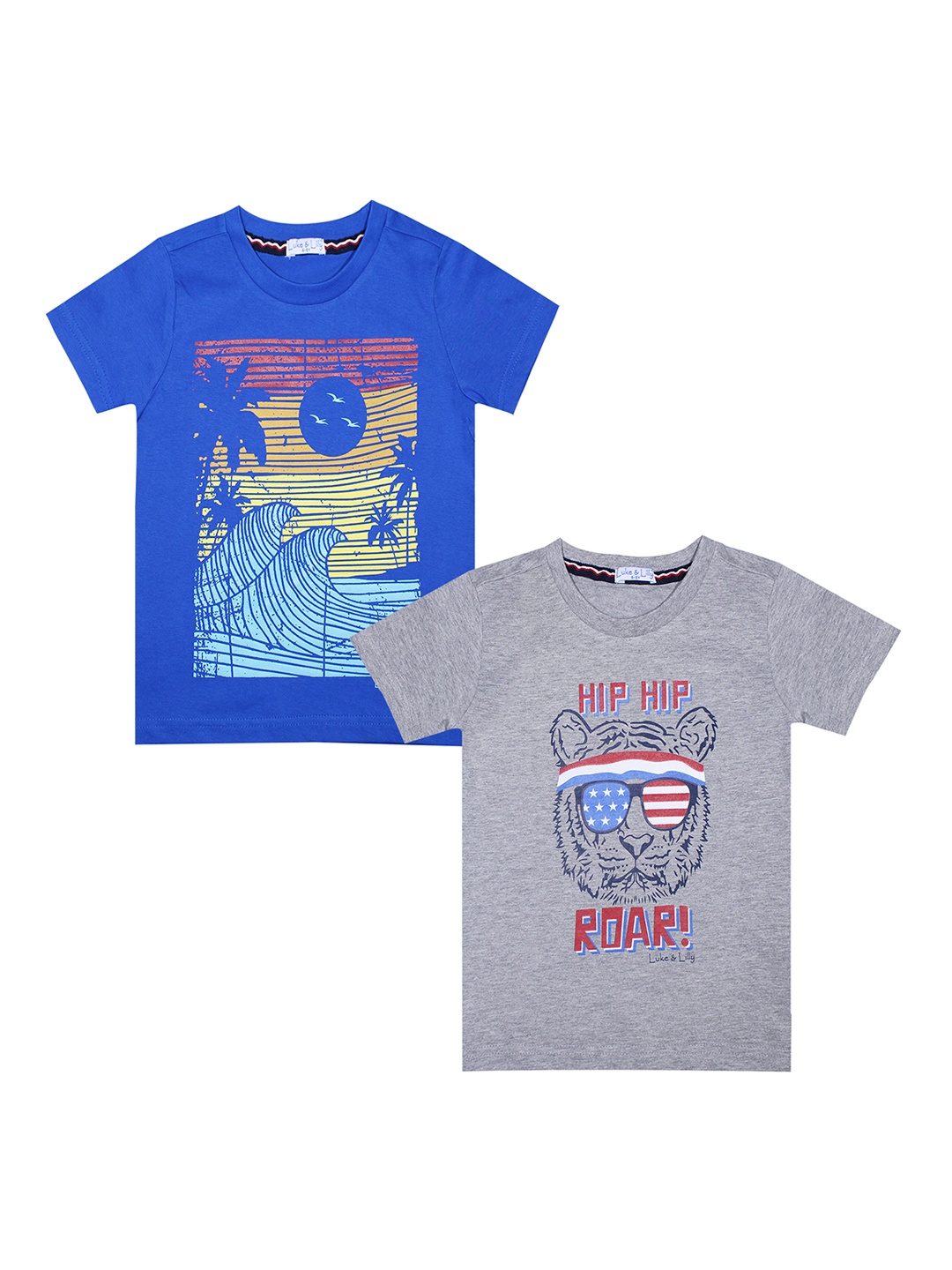 

Luke Lilly Pack of 2 Boys Blue Printed Round Neck Pure Cotton T-shirt