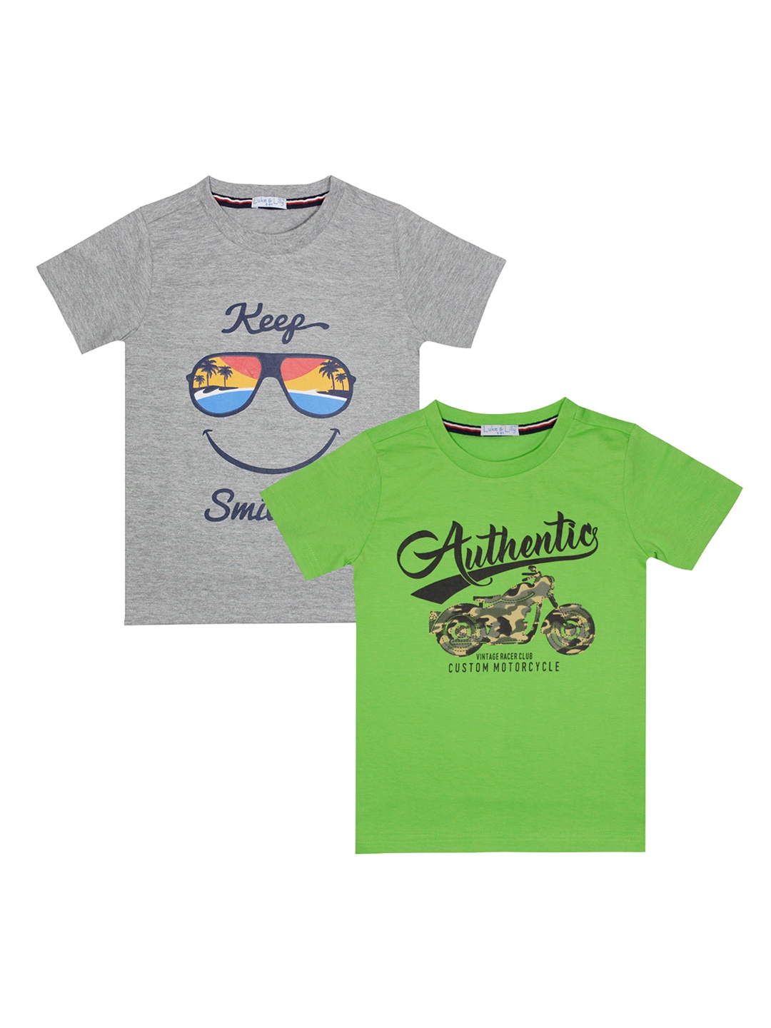 

Luke Lilly Boys Set Of 2 Printed Round Neck Pure Cotton T-shirt, Green