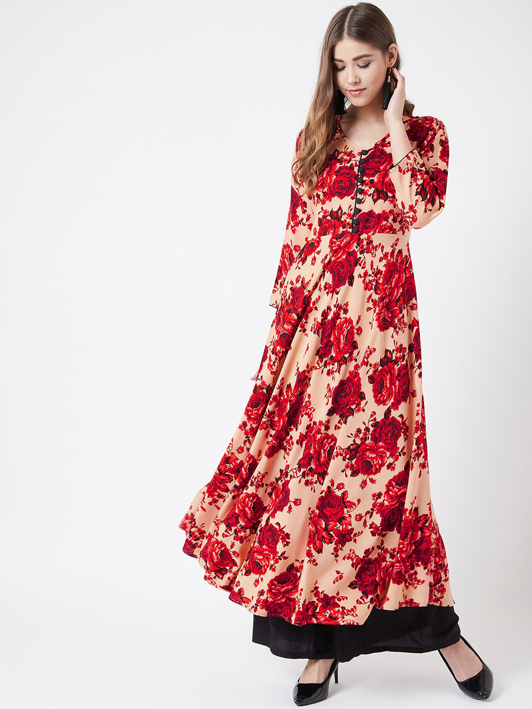 

Tissu Women Beige & Red Floral Printed A-Line Kurta