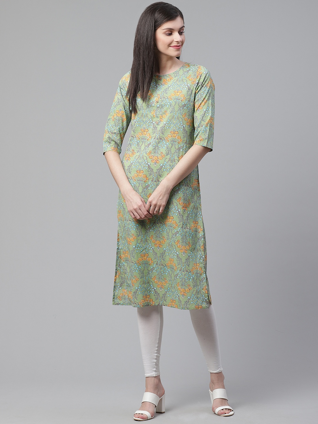 

AHIKA Women Green & Yellow Printed Straight Kurta