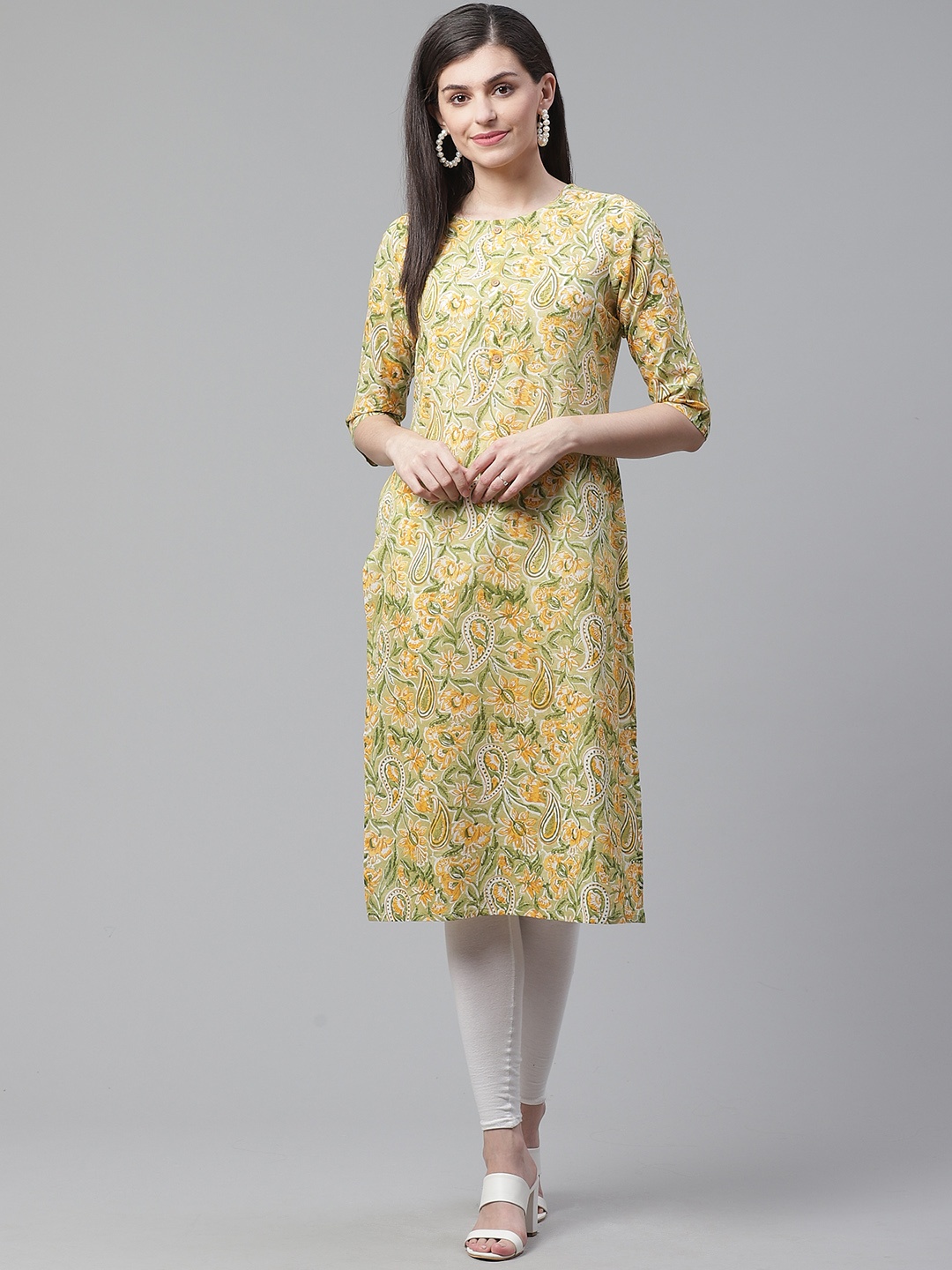 

AHIKA Women Green & Yellow Printed Straight Kurta