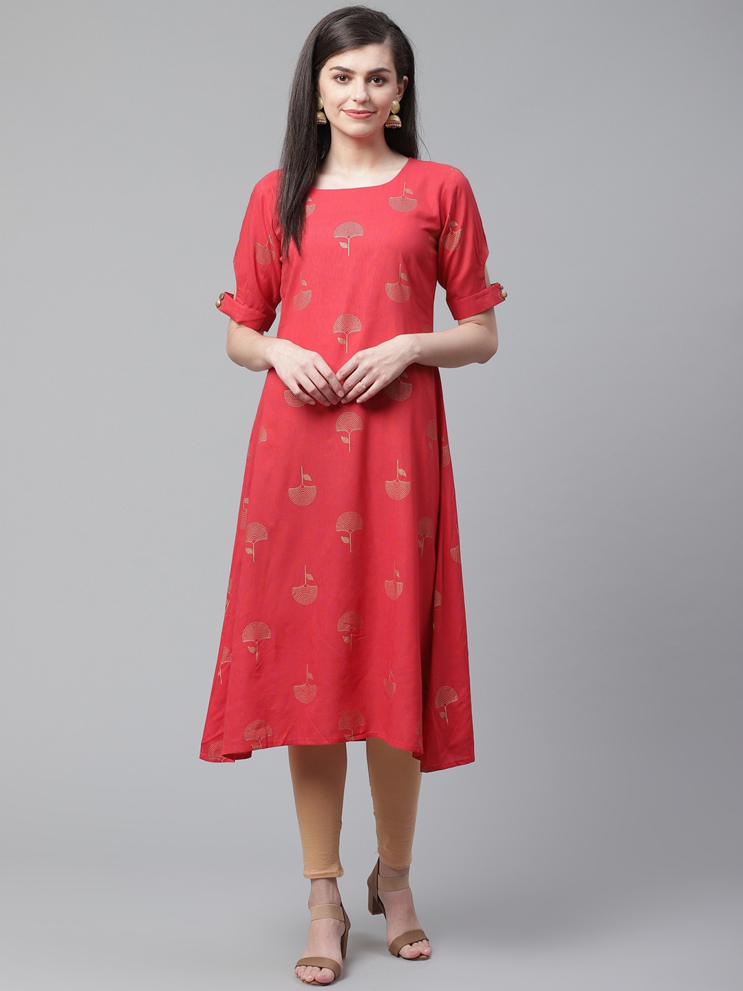 

AHIKA Women Red & Golden Ethnic Printed Asymmetric A-Line Kurta