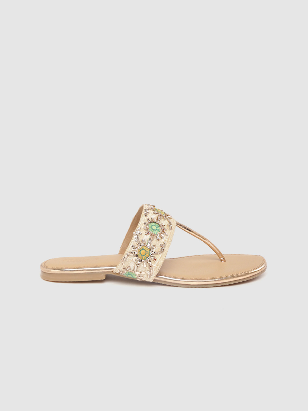 

Anouk Women Beige & Gold-Toned Embellished T-Strap Flats