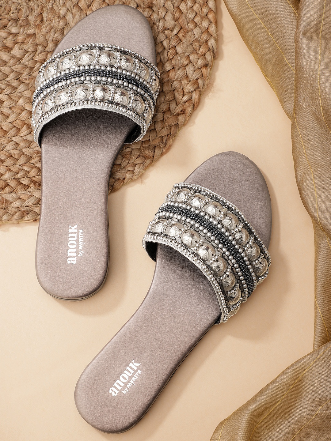 

Anouk Women Silver-Toned Embellished Open Toe Flats