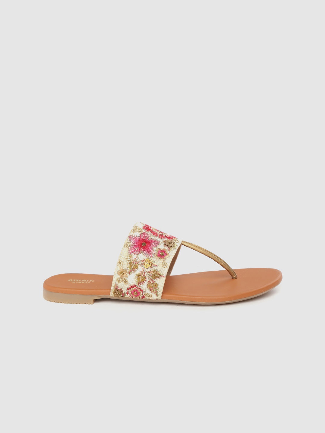 

Anouk Women Beige & Gold-Toned Embroidered T-Strap Flats