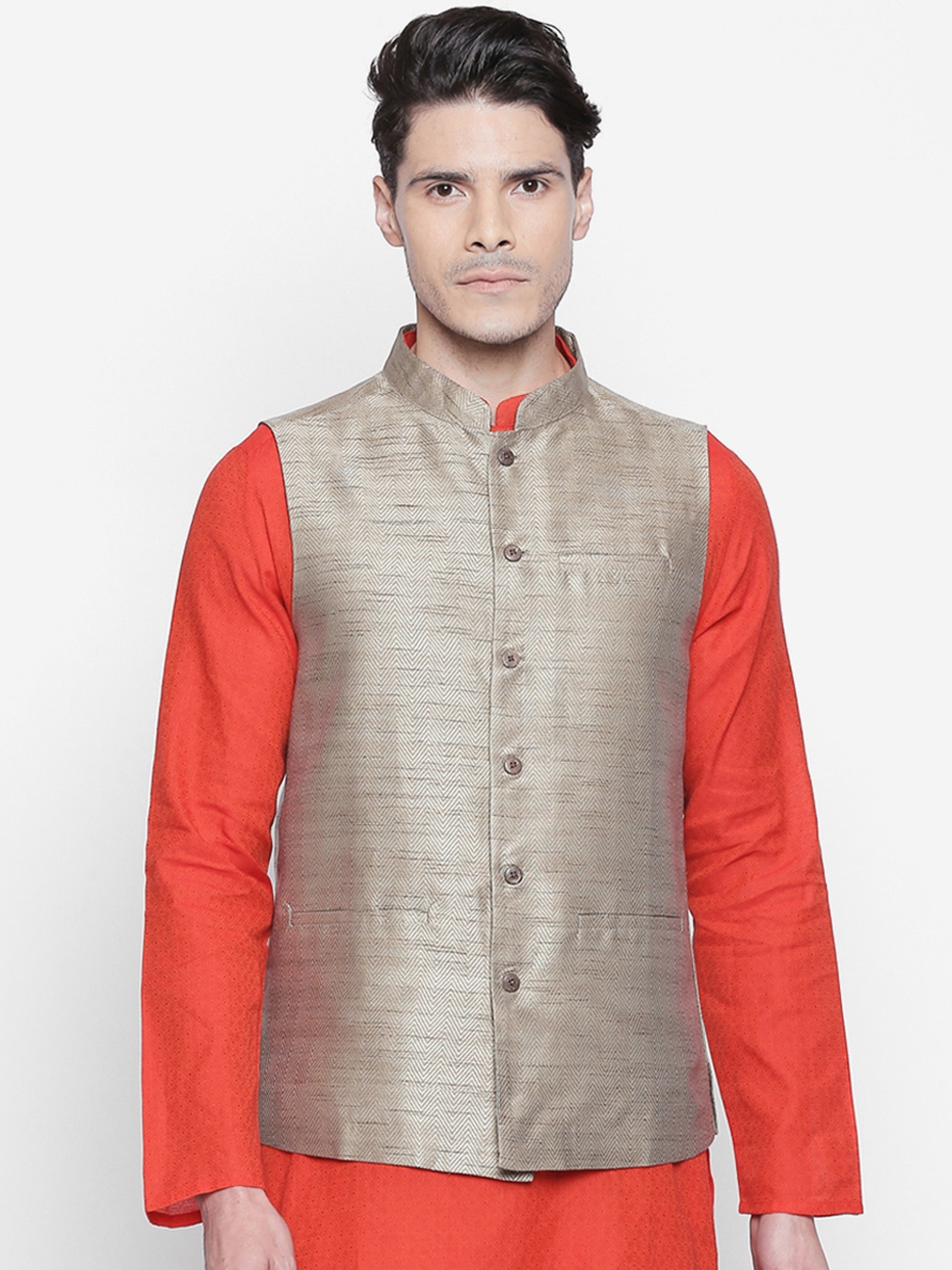 

indus route by Pantaloons Men Beige Woven Design Nehru Jacket