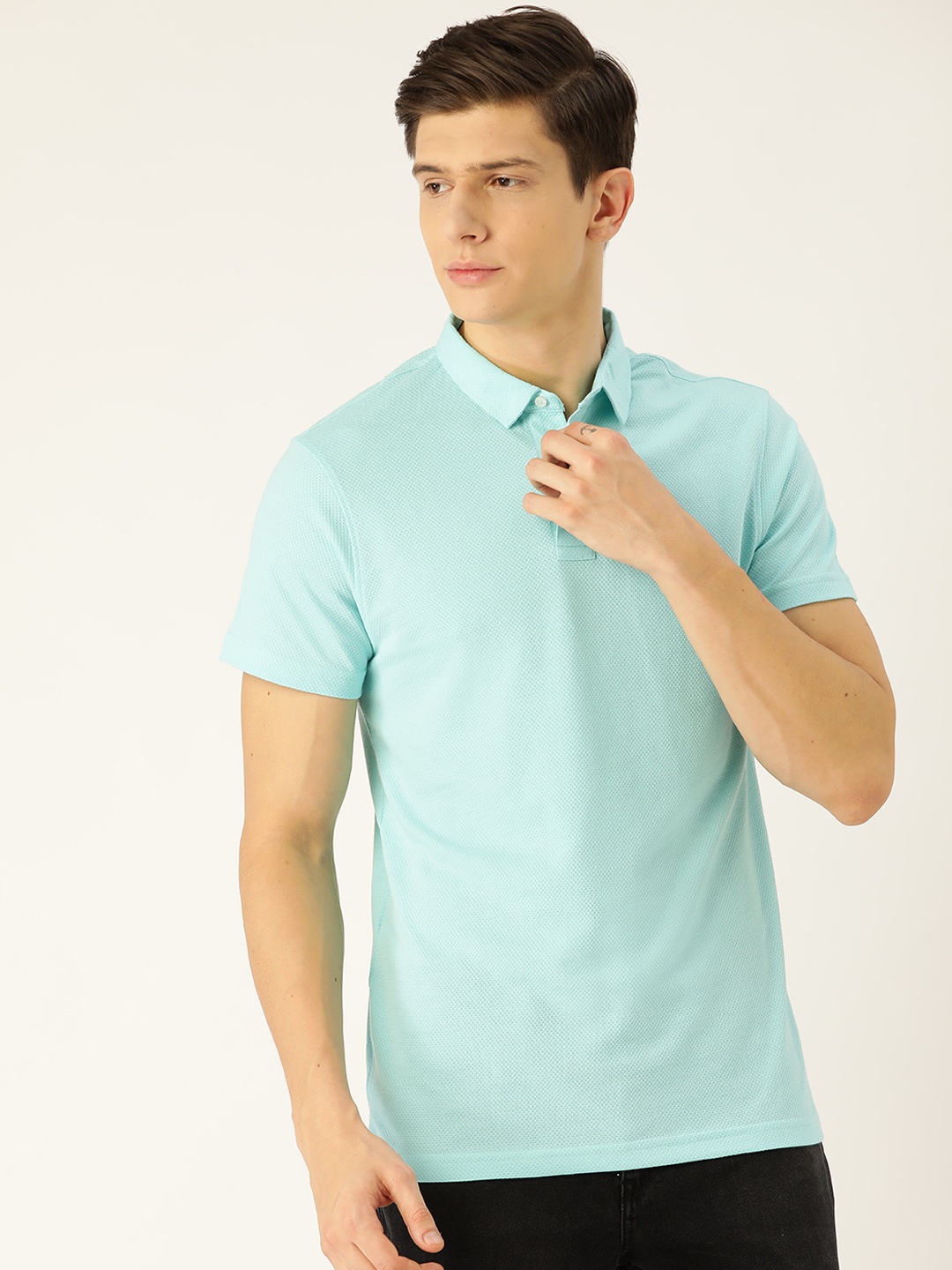 

ether Men Blue Self Design Polo Collar T-shirt