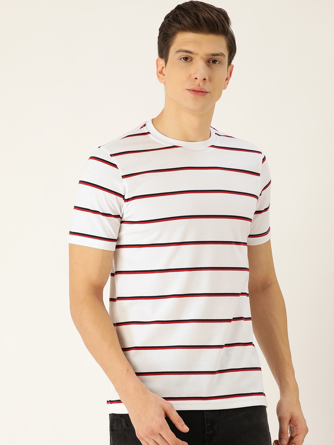 

ether Men White & Red Striped Round Neck T-shirt