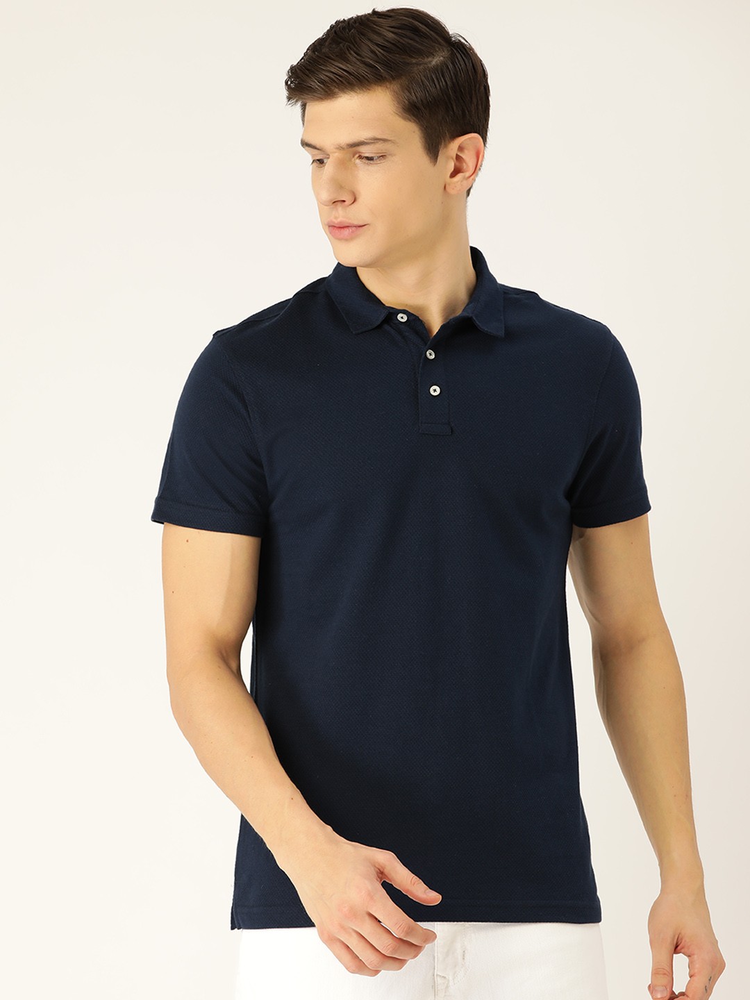 

ether Men Navy Blue Self Design Polo Collar T-shirt