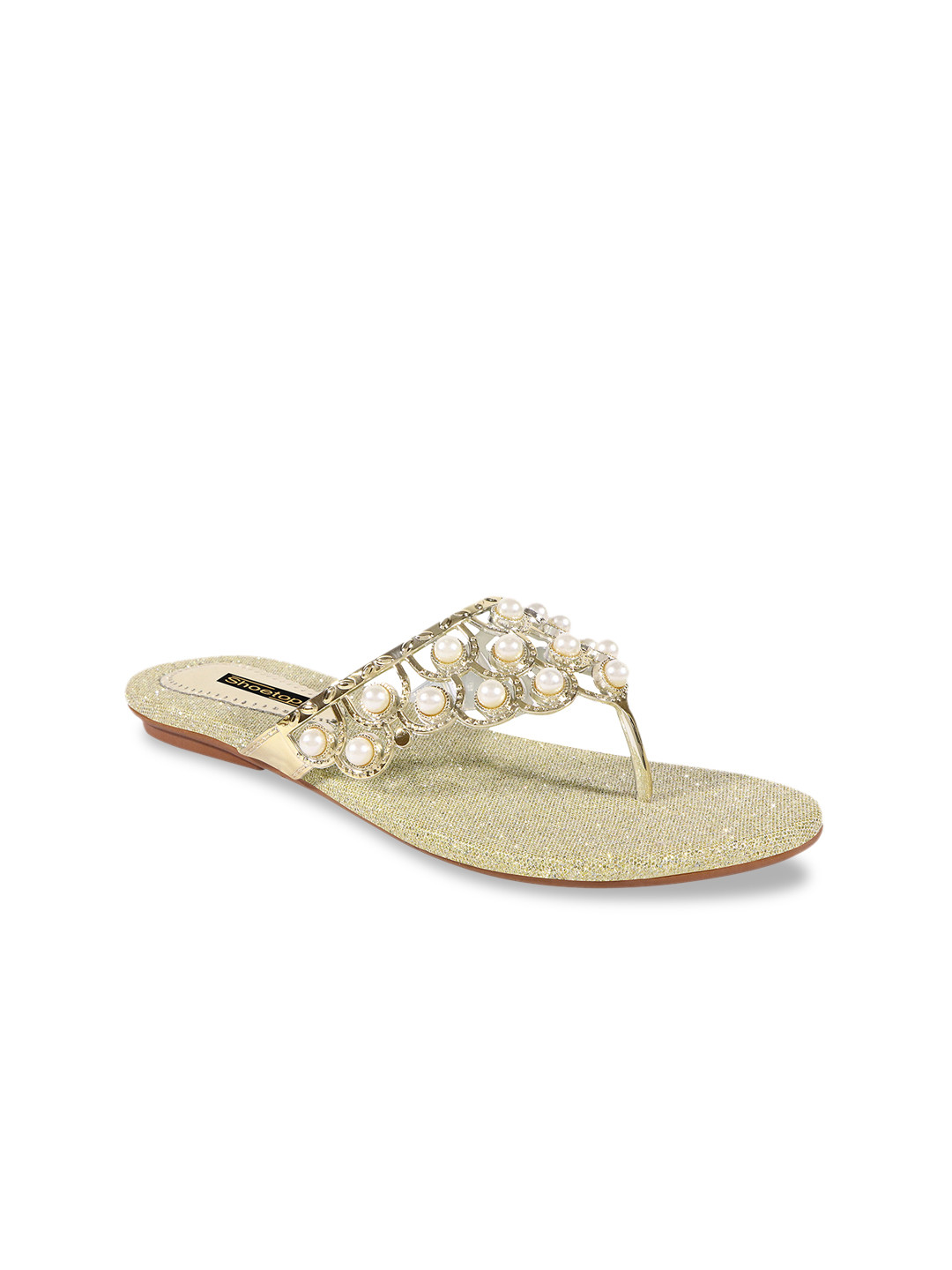 

Shoetopia Women Beige Embellished T-Strap Flats