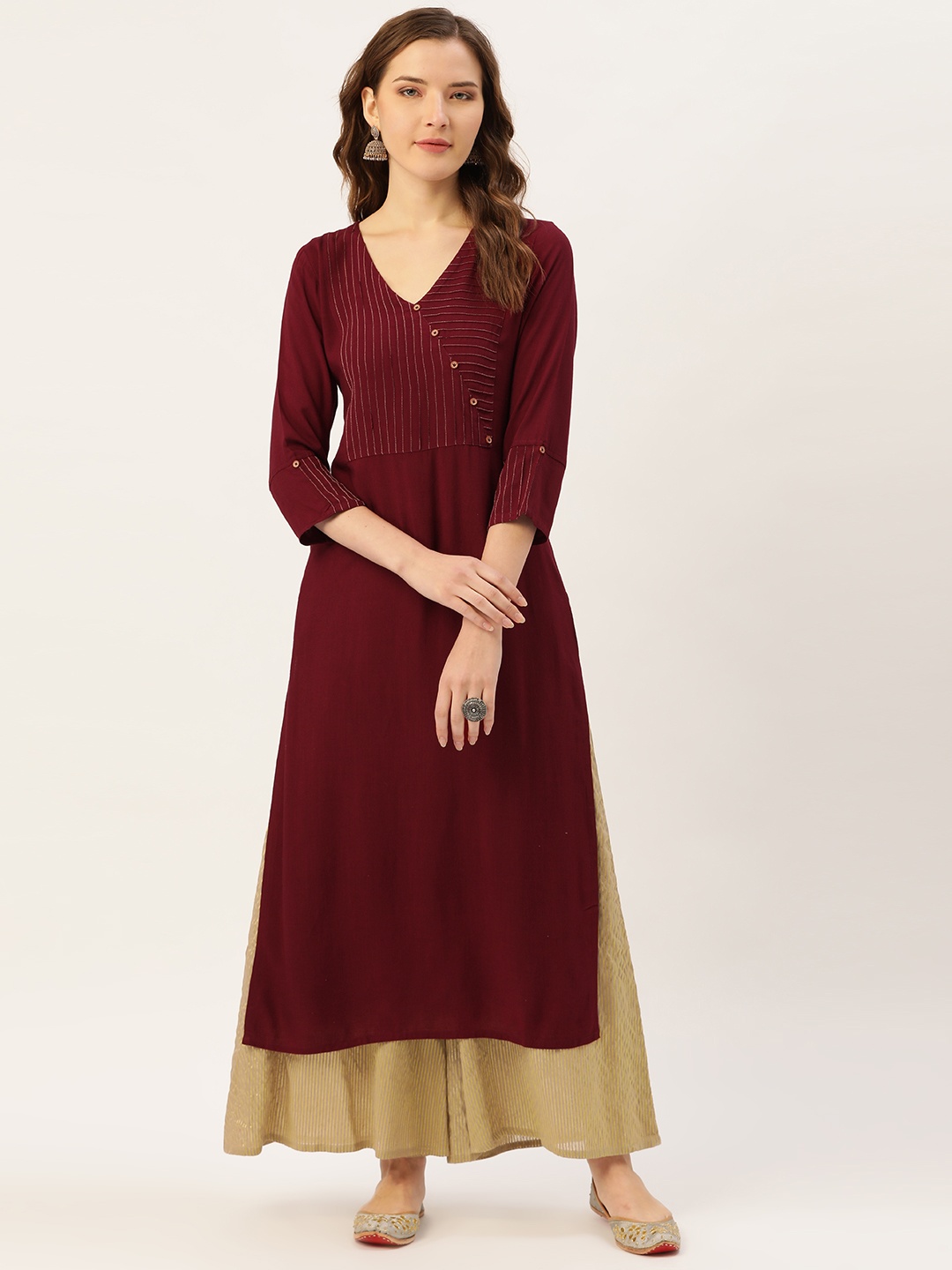 

Jaipur Kurti Women Maroon Pleated Detail Straight Kurta