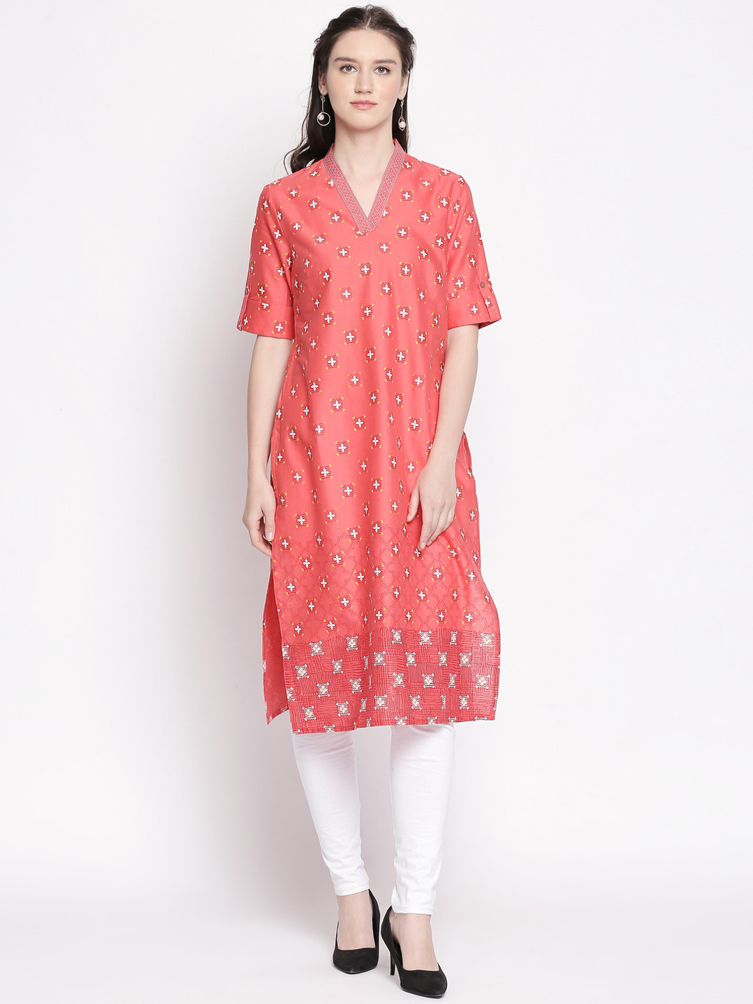 

RANGMANCH BY PANTALOONS Women Coral Pink Floral Printed Straight Kurta