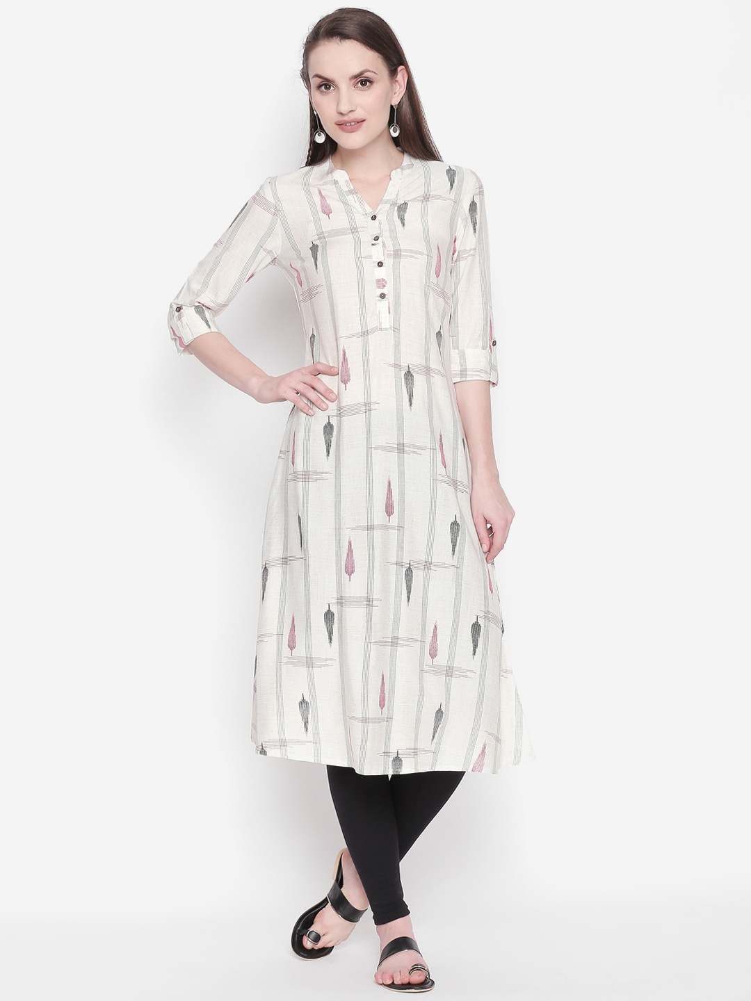 

RANGMANCH BY PANTALOONS Women White & Grey Striped A-Line Kurta