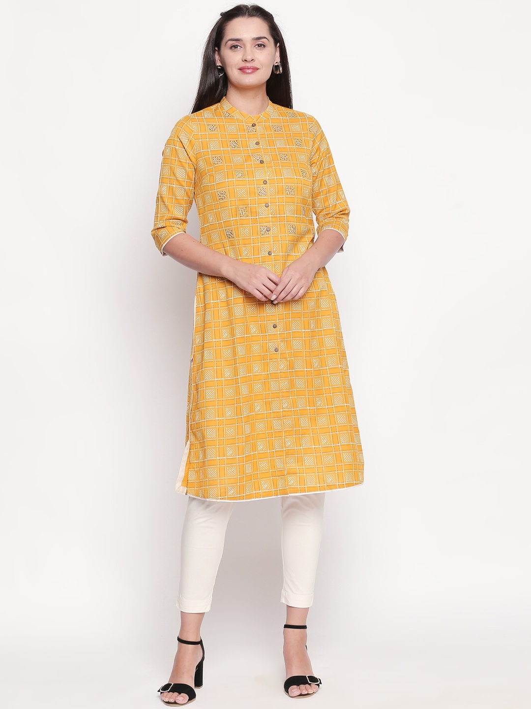 

RANGMANCH BY PANTALOONS Women Yellow & White Checked Straight Kurta