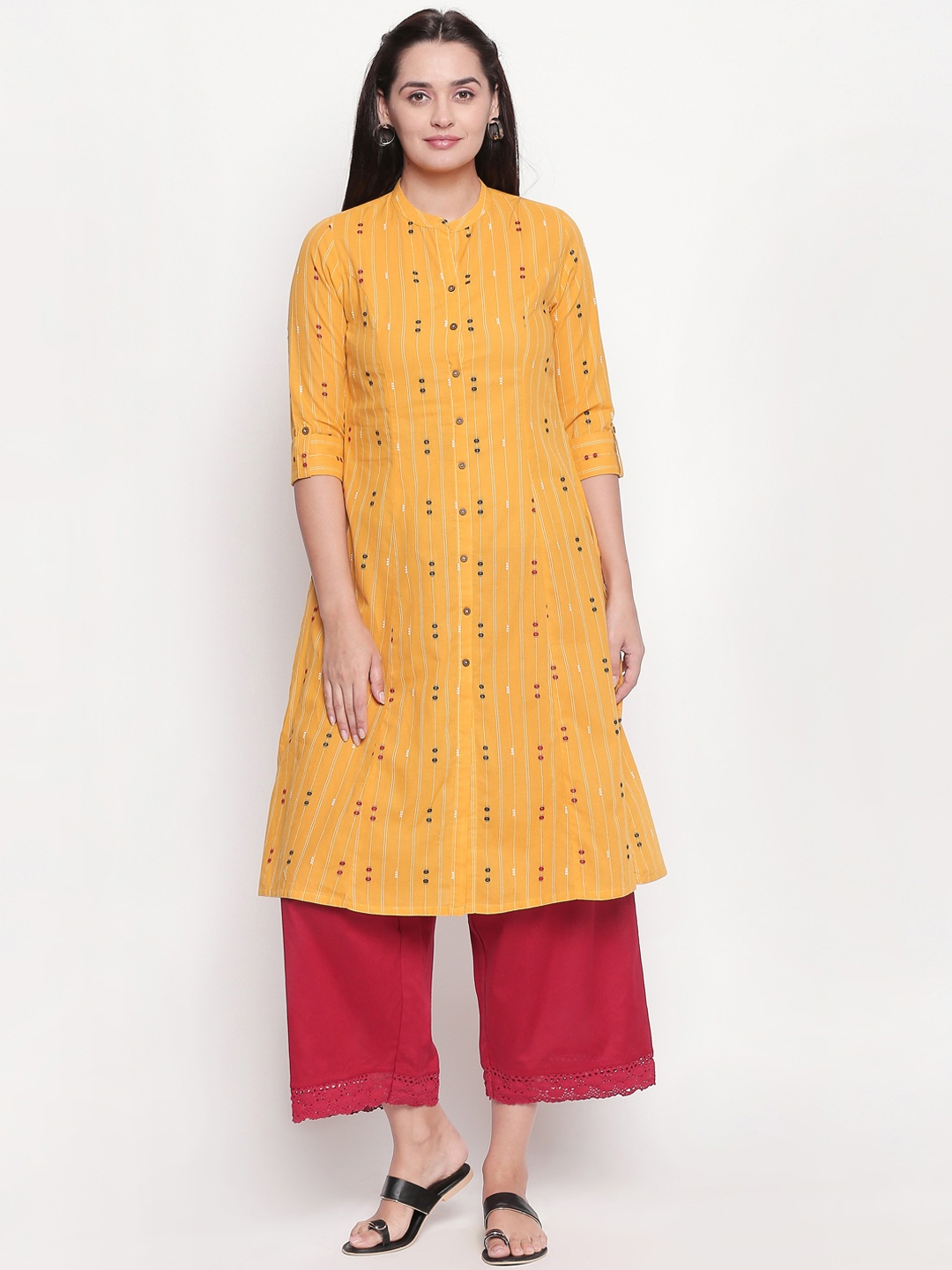 

RANGMANCH BY PANTALOONS Women Yellow Striped A-Line Kurta