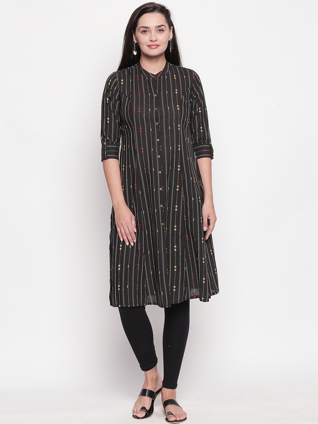 

RANGMANCH BY PANTALOONS Women Grey & White Striped A-Line Kurta