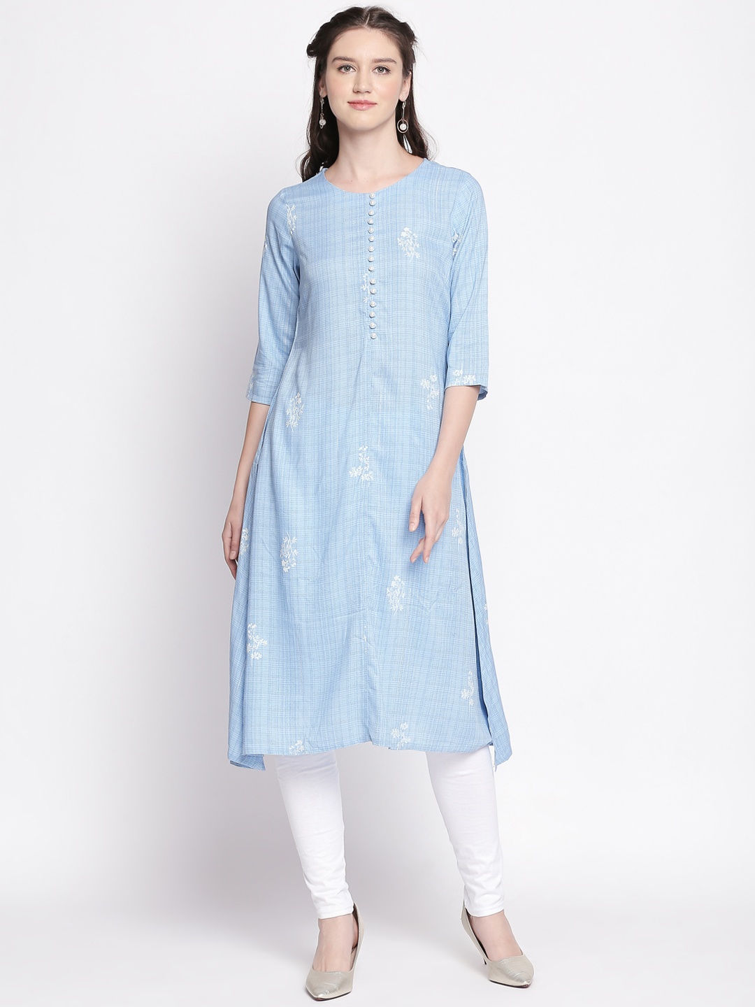 

RANGMANCH BY PANTALOONS Women Blue & White Embroidered A-Line Kurta