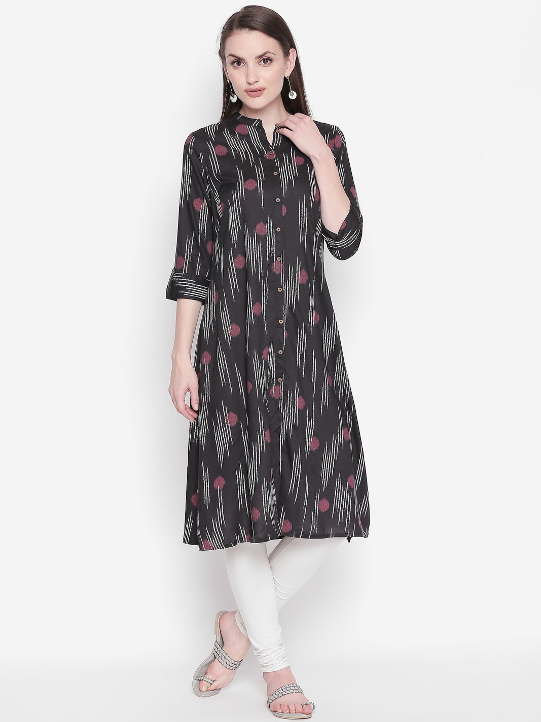 

RANGMANCH BY PANTALOONS Women Grey & White Striped A-Line Kurta