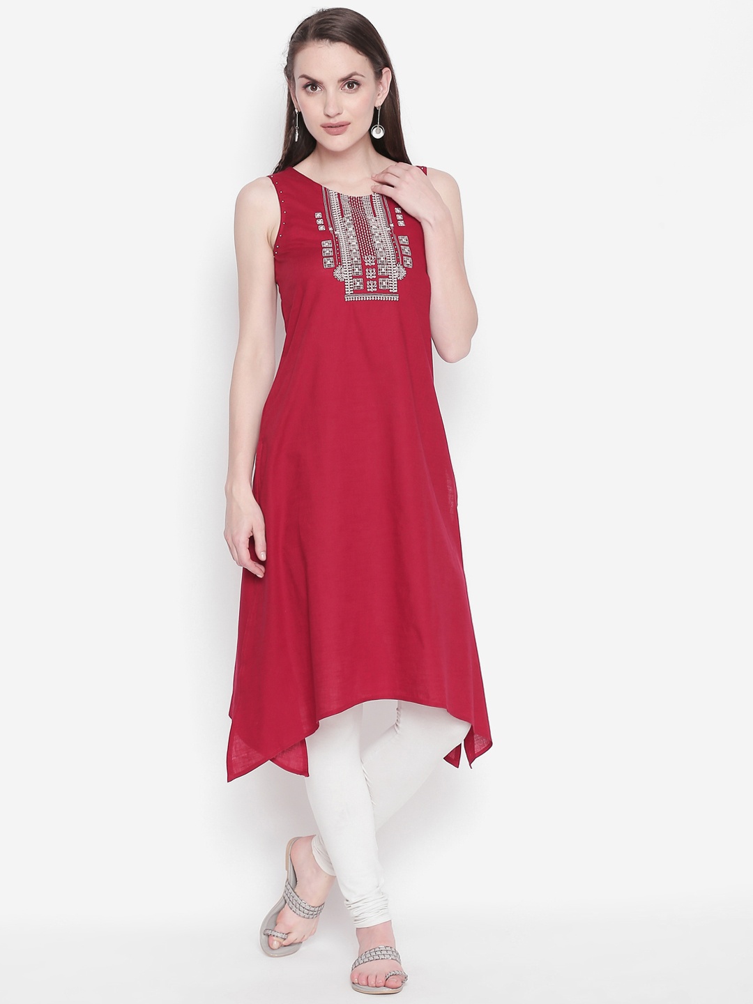 

RANGMANCH BY PANTALOONS Women Red & White Yoke Design A-Line Kurta