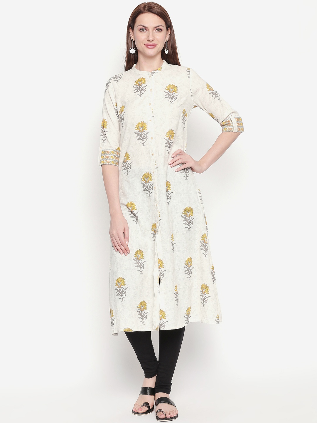 

RANGMANCH BY PANTALOONS Women Yellow & White Printed A-Line Kurta